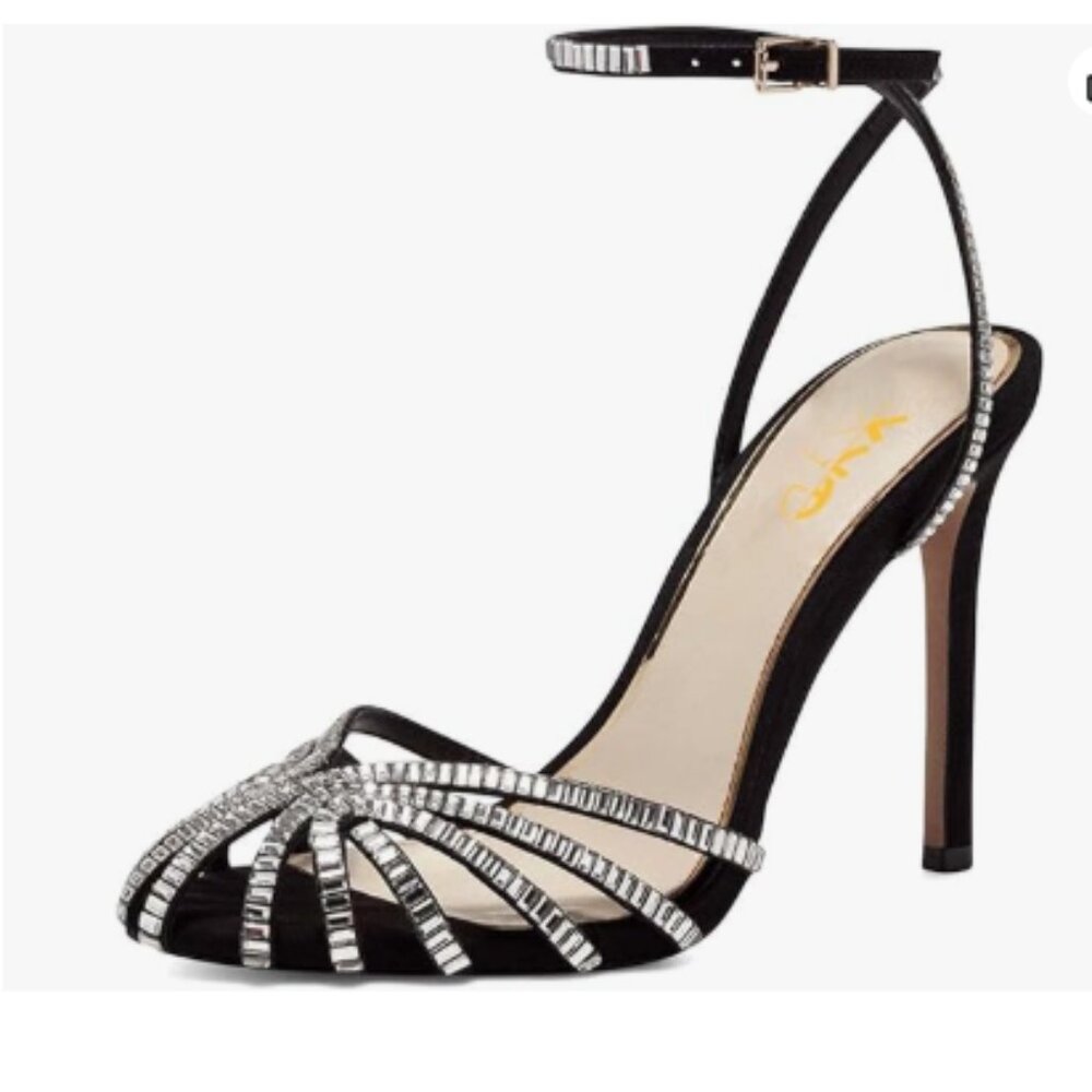 XYD Black Sexy Cutout Sparkly Rhinestones Cage Toe Ankle Strap Buckled Sandals